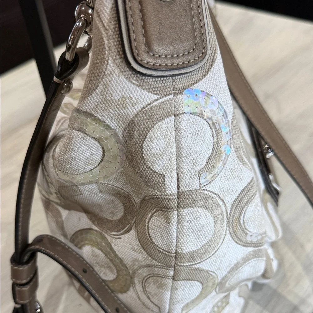 Coach Kristin Cream and Tan Signature Sequin Hobo Bag-EUC